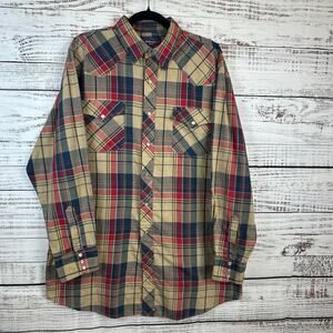 Mens VTG Williams Bay Tan Navy Plaid Pearl Snap Western Cowboy Casual Shirt XLT
